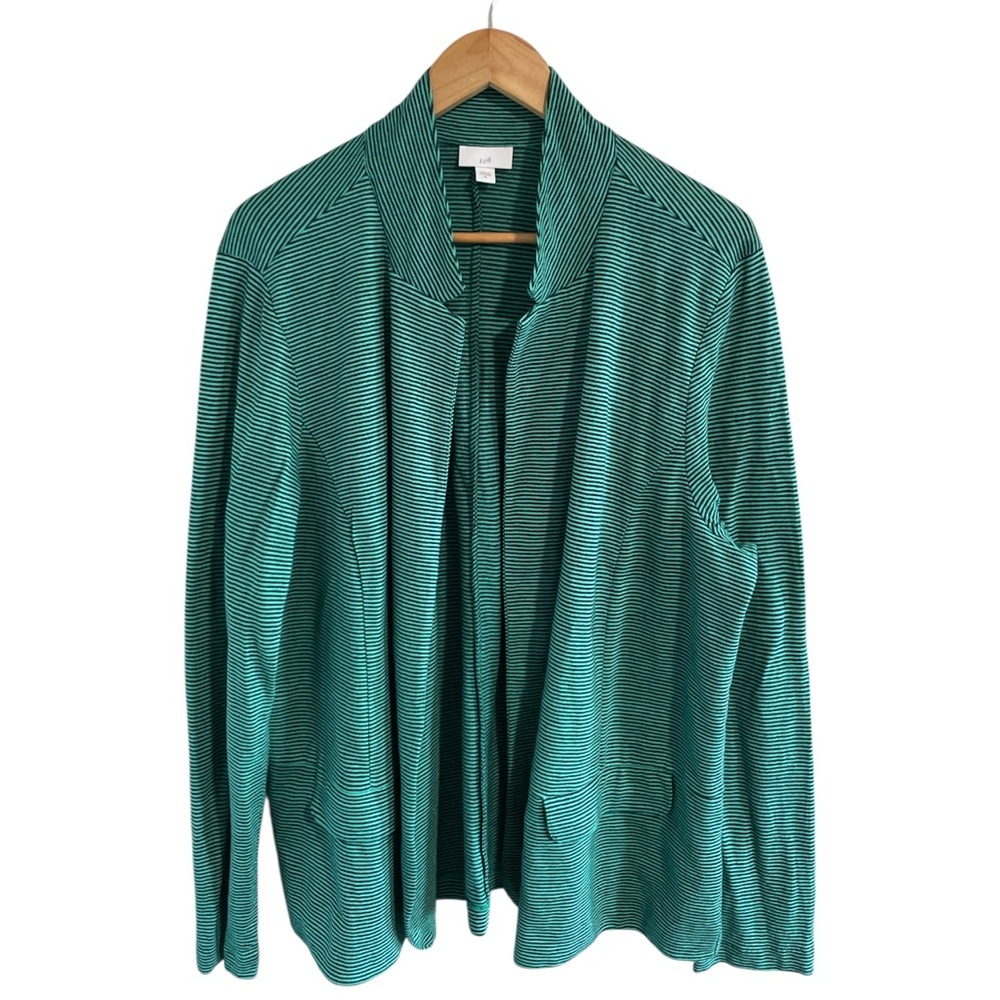 J. Jill Open Front Blazer Linen Blend Blue Green Stripe Lagenlook Layering XL